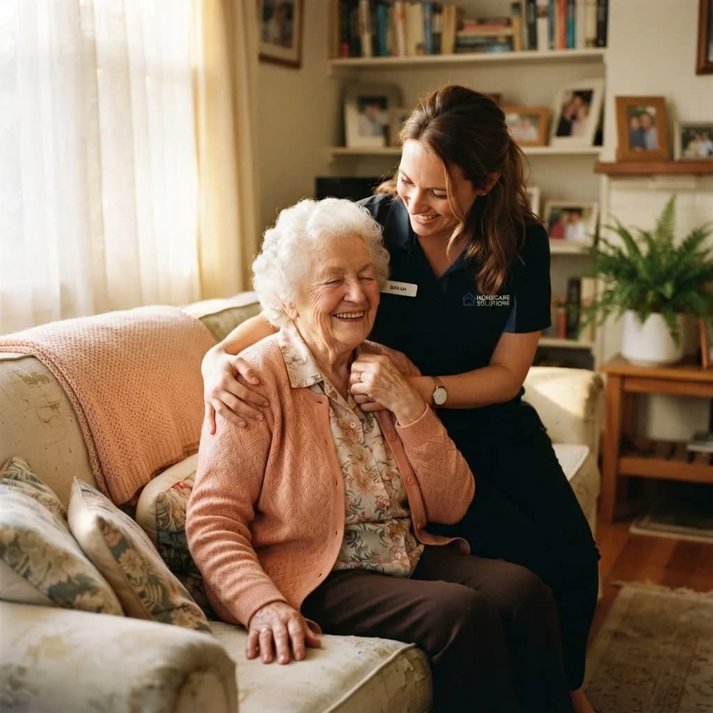 An employee in her work uniform hugging her elderly mother at home after her shift
