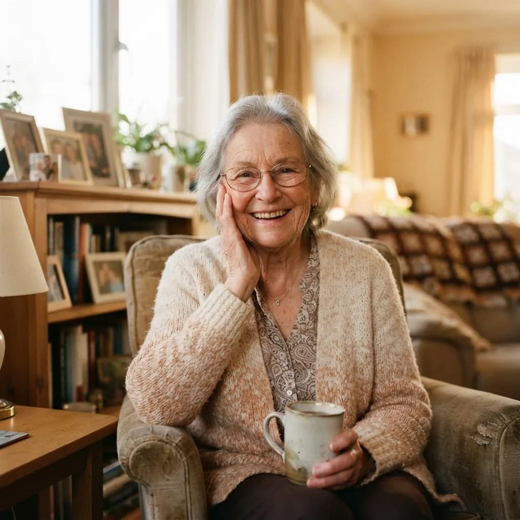 A smiling elderly woman at home, the loved one at the center of family caregiving