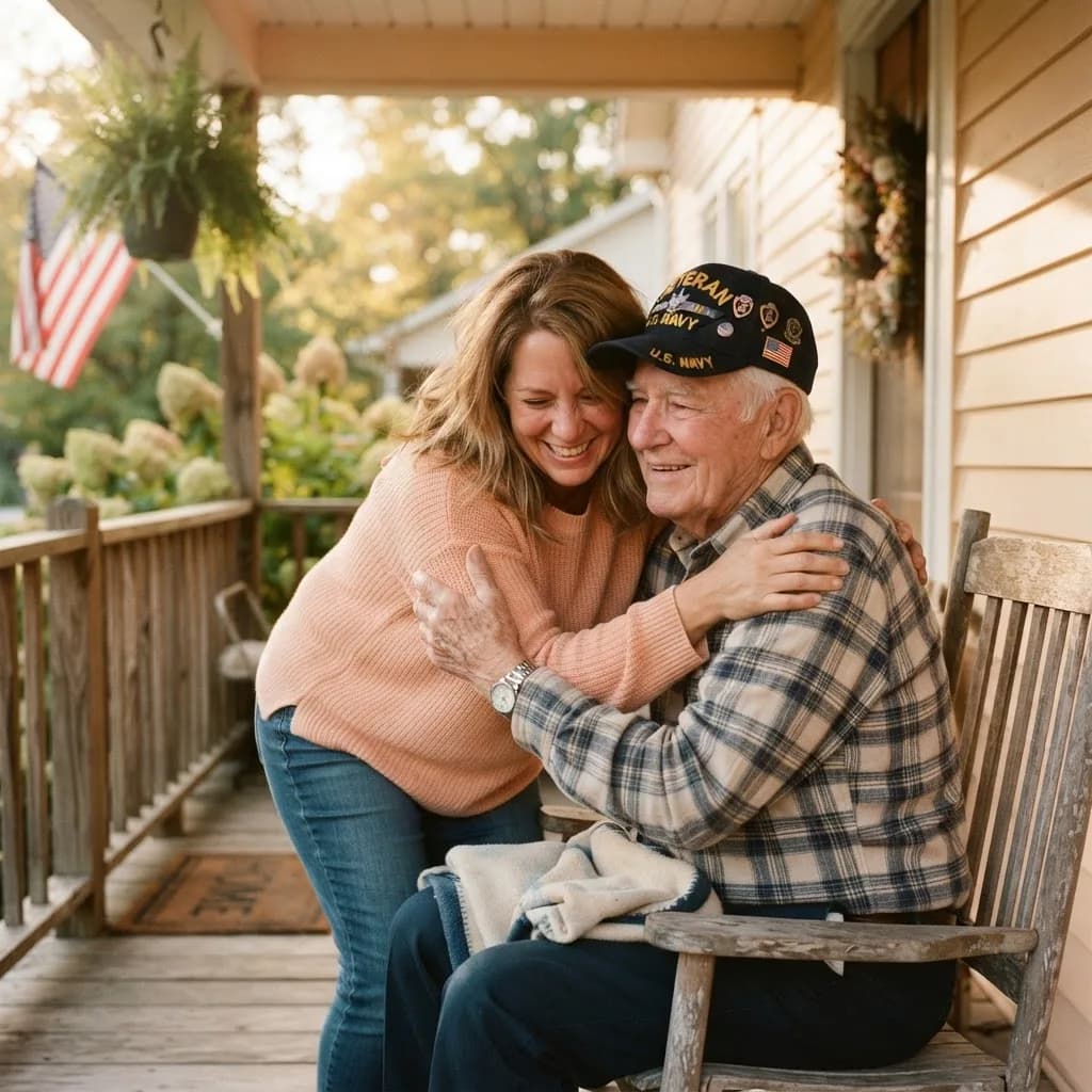 An elderly veteran embraced by his adult daughter on their front porch