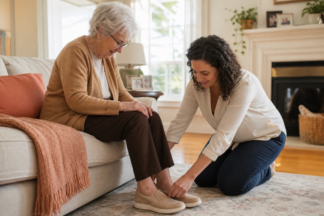 Family caregiver helping an older adult with daily personal care at home