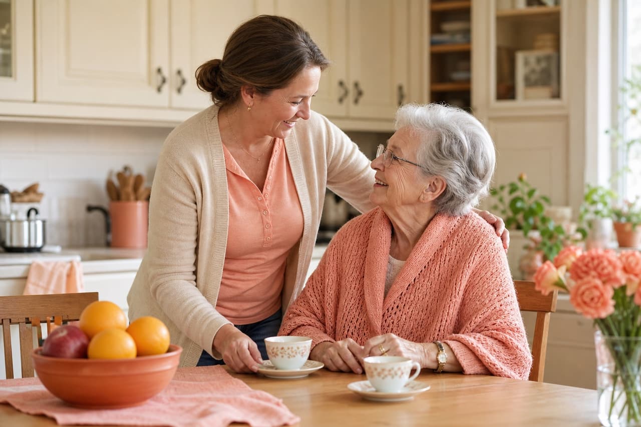 Family caregiver at home with an older parent — Structured Family Caregiving in Indiana