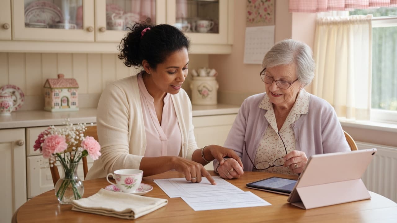 Caregiver reviewing paperwork with a loved one at home