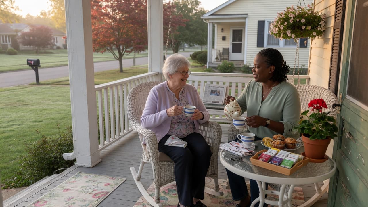 Family caregiver and loved one sharing tea on a porch