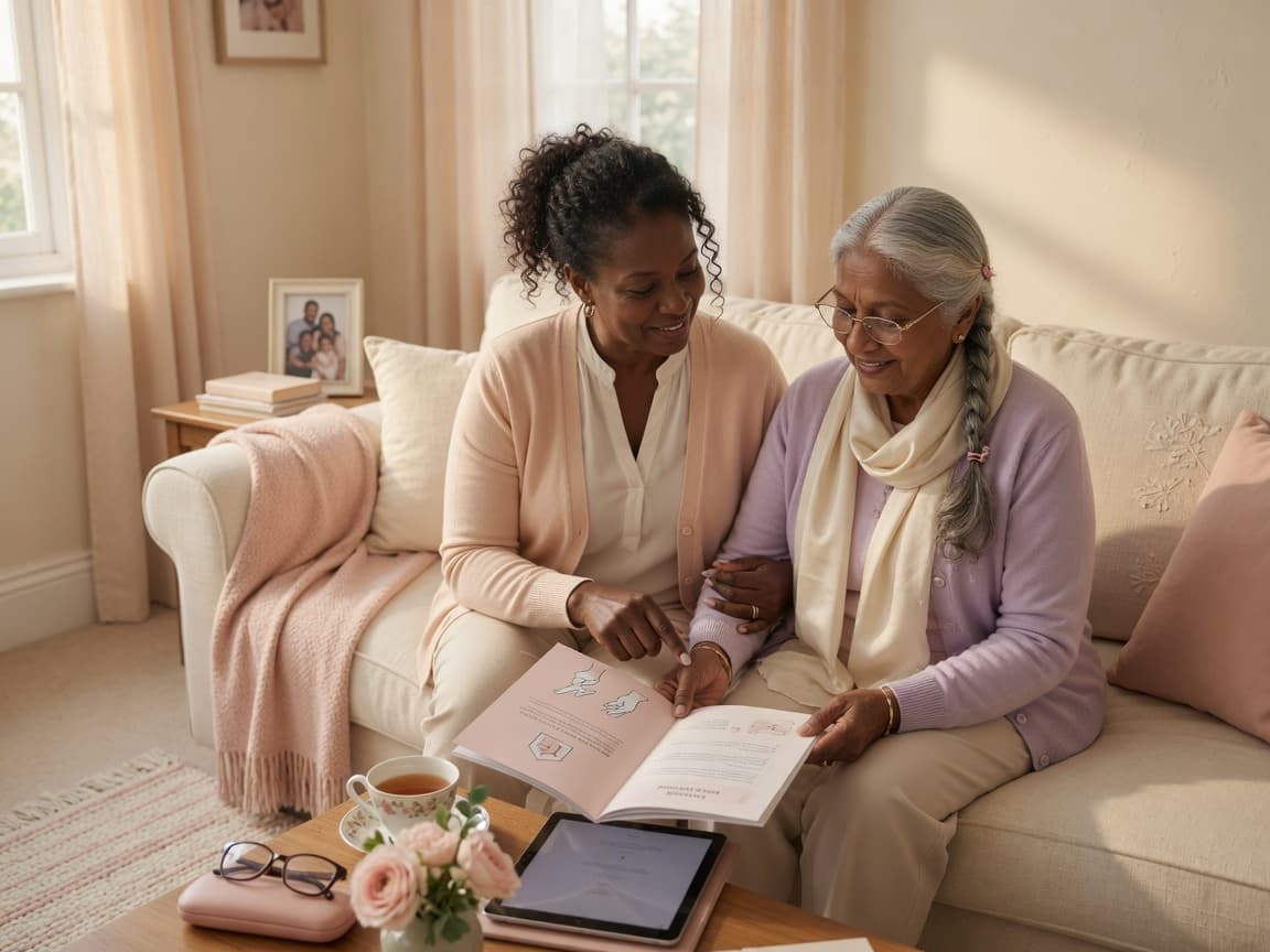 Family caregiver reviewing a guide with a loved one at home