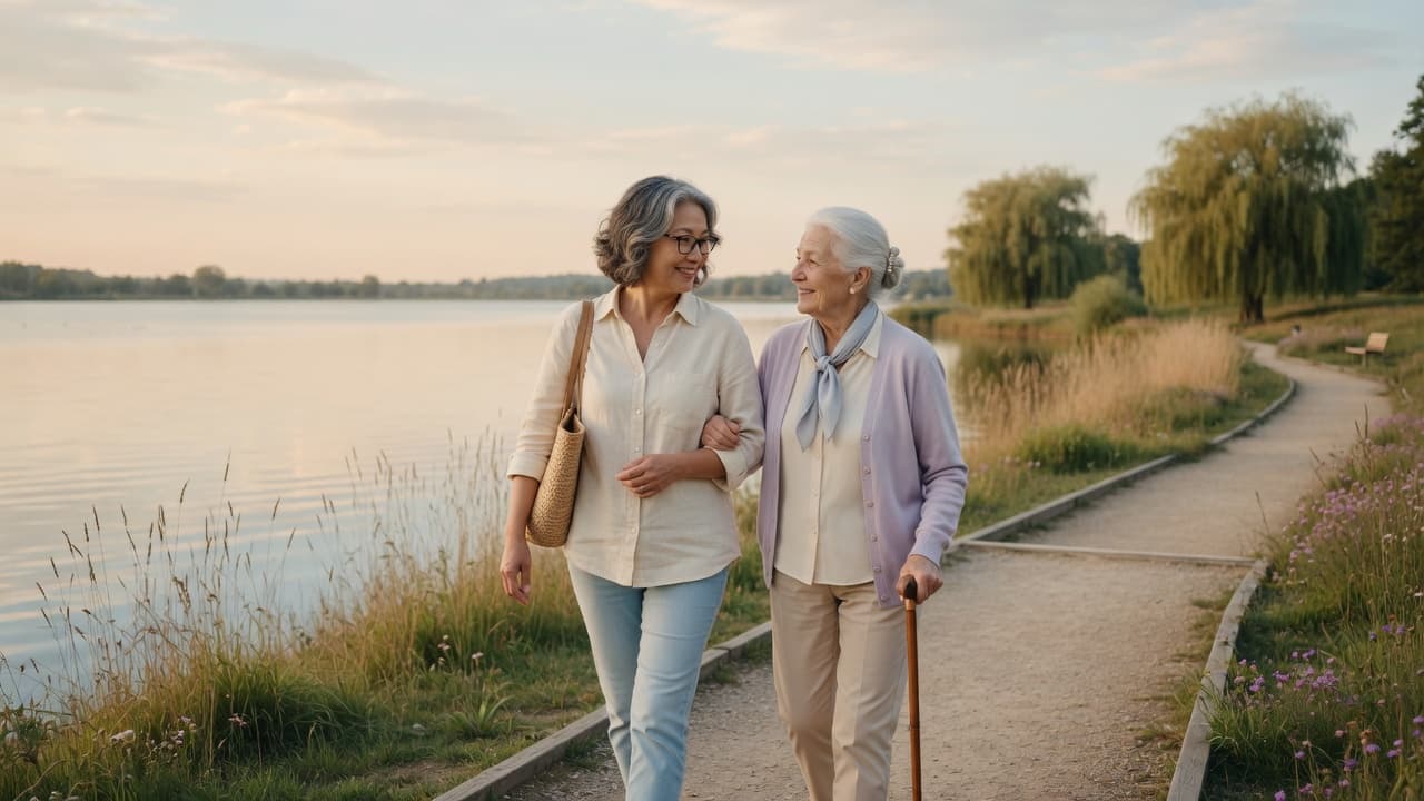 Family caregiver walking with a loved one outdoors