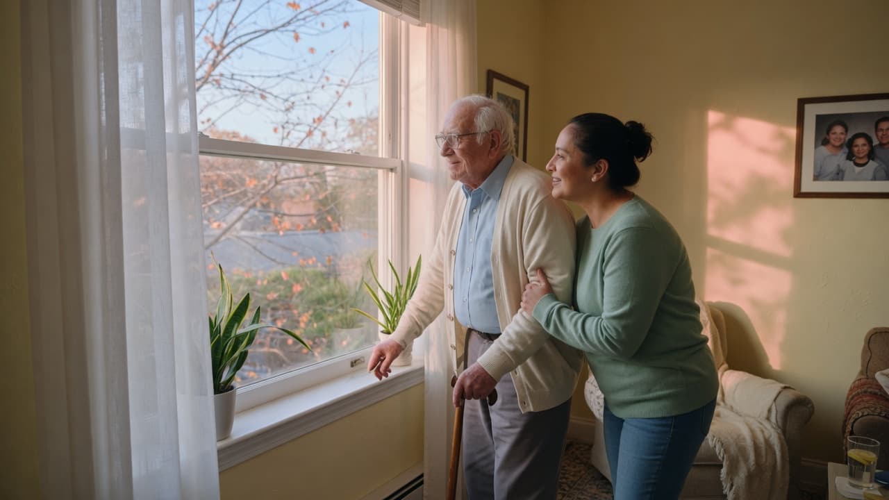 Adult caregiver supporting a parent at home