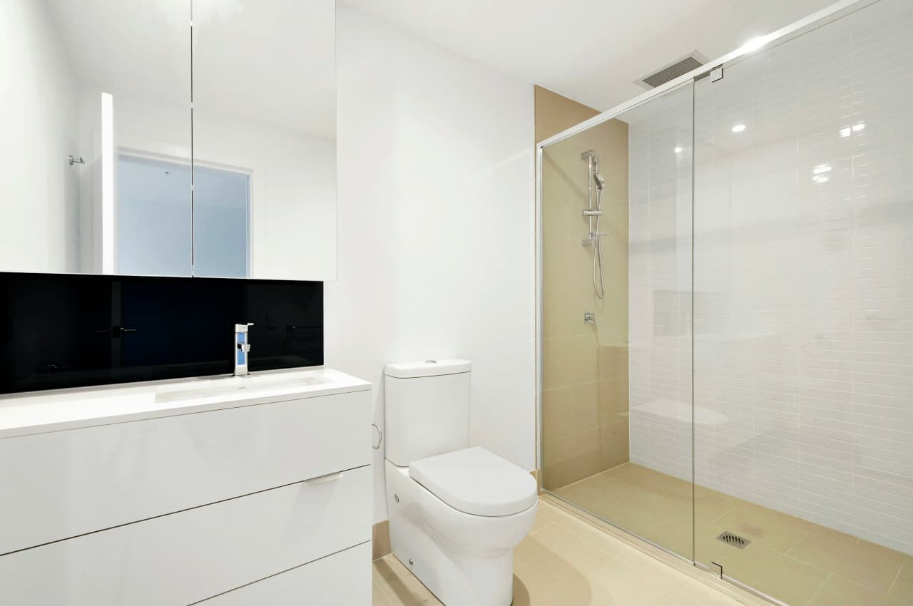 Accessible bathroom with walk-in shower and vanity