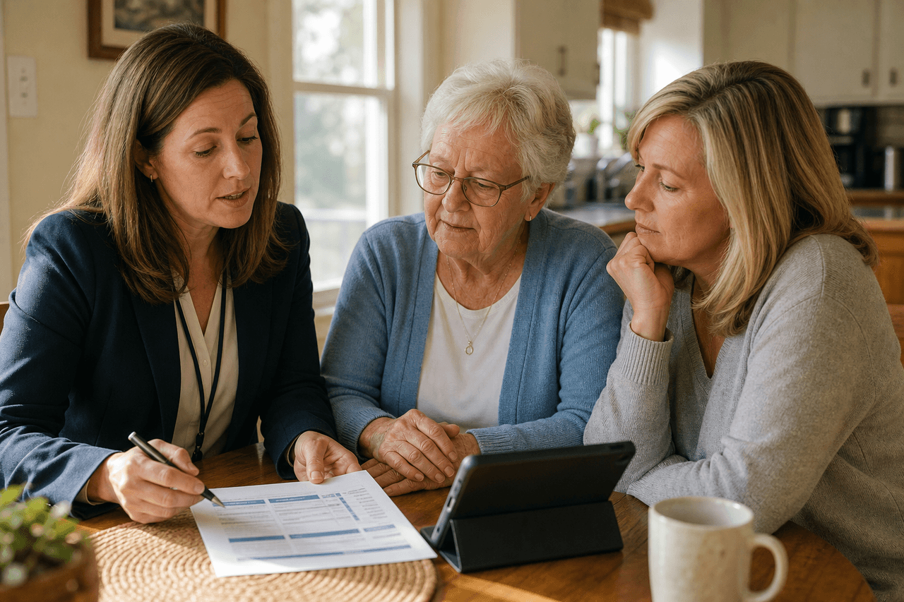 Care coordinator reviewing a care plan at a kitchen table with a family