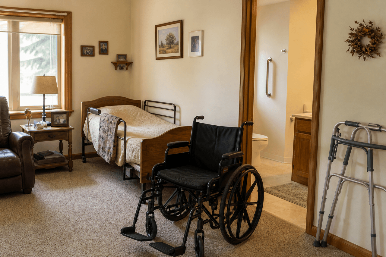 Wheelchair and home hospital bed in a sunlit living room
