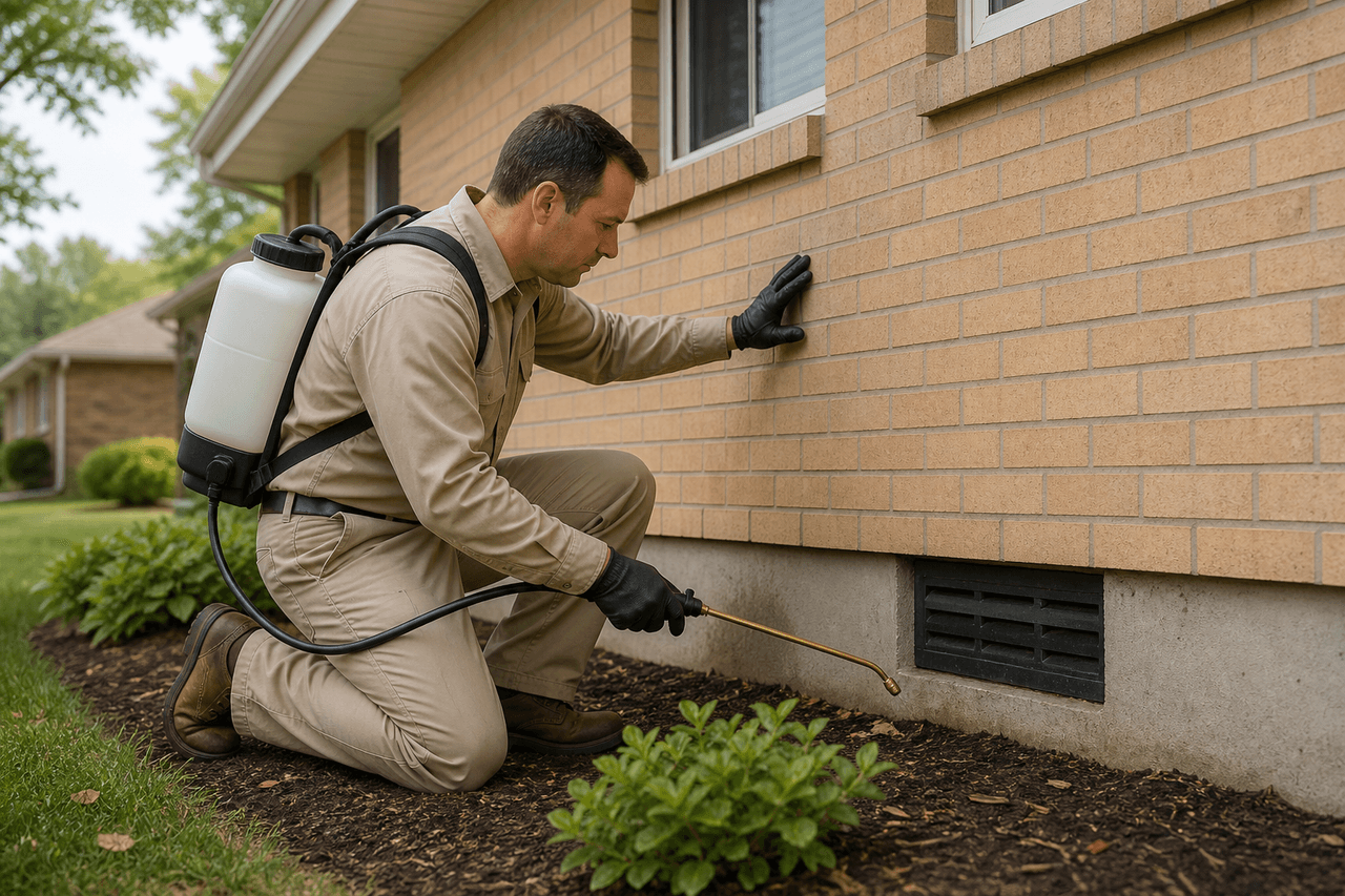 Pest-control technician treating the foundation of a brick home
